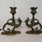 Pair of bronze candlesticks representing chimeras/dragons - 19th century
