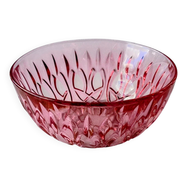 Petite coupelle vintage en verre rose à décor floral – Fr années 60/70