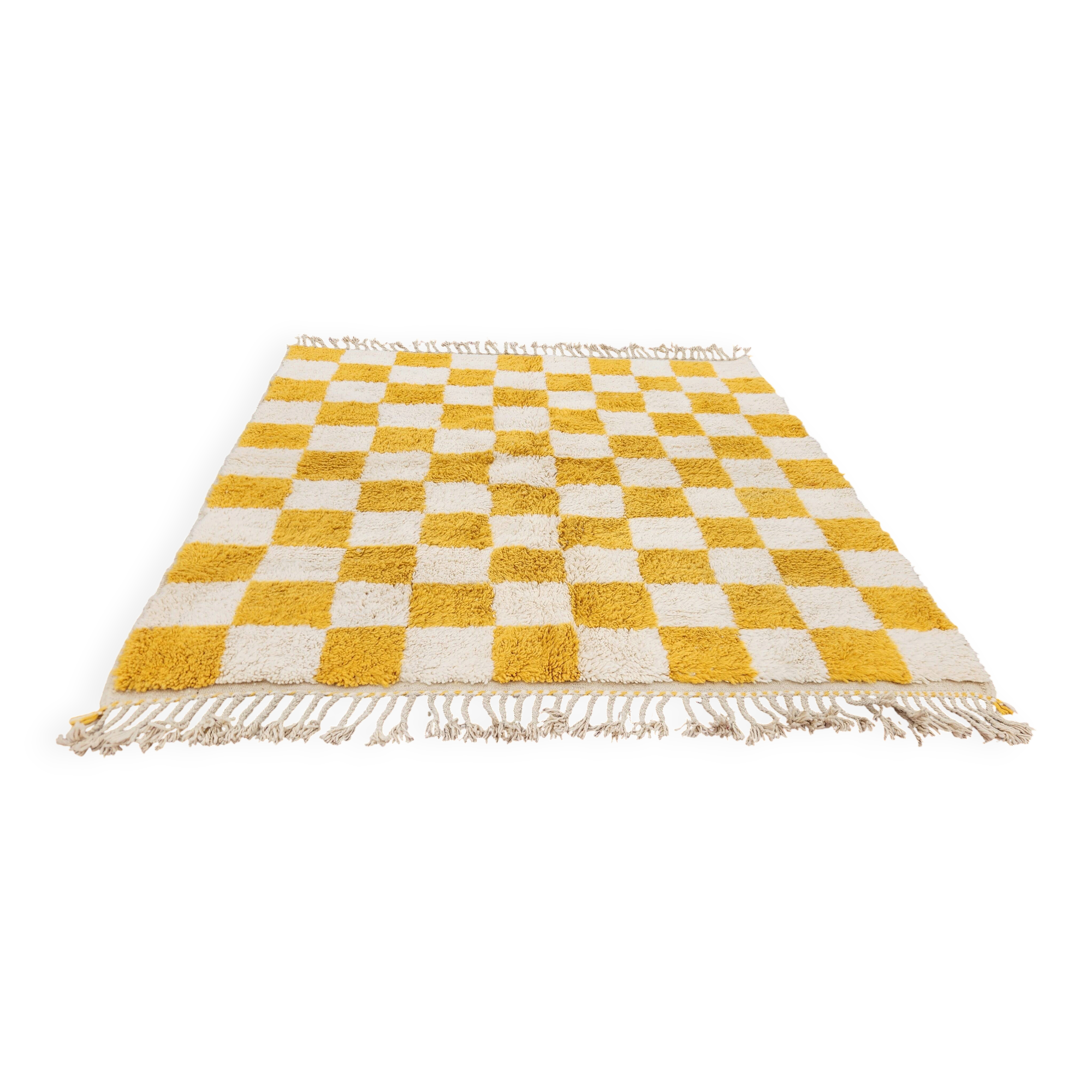 Beni Ouarain checkerboard rug 186x178 cm – Thick wool – Ochre chess pattern