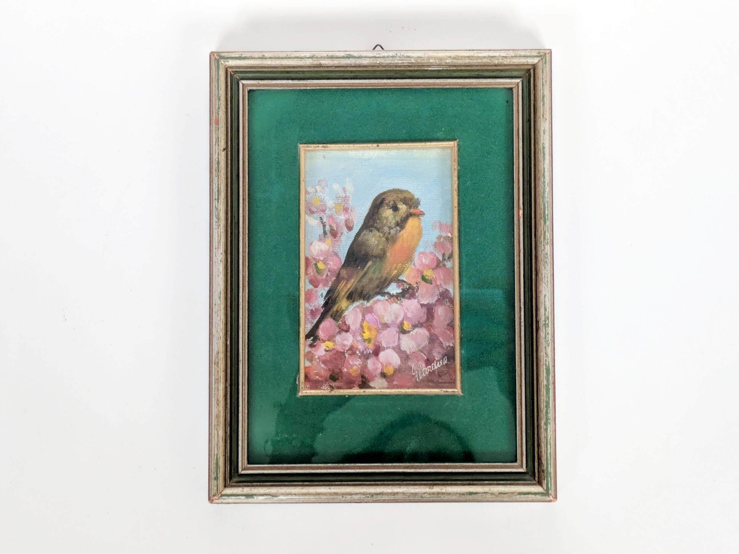 Vintage oil painting signed, robin, distressed frame.