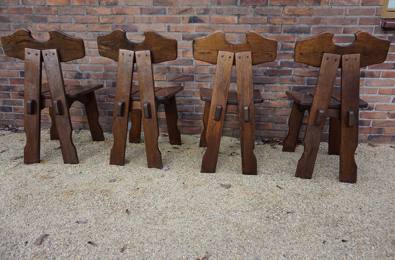 Dutch brutalist solid oak dining chairs, 1970s, set of 4