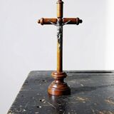 Antique wooden altar crucifix with a turned design and silver-plated Christ.