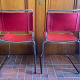 2 tubular chairs in red leatherette, Italy, Design, 1970