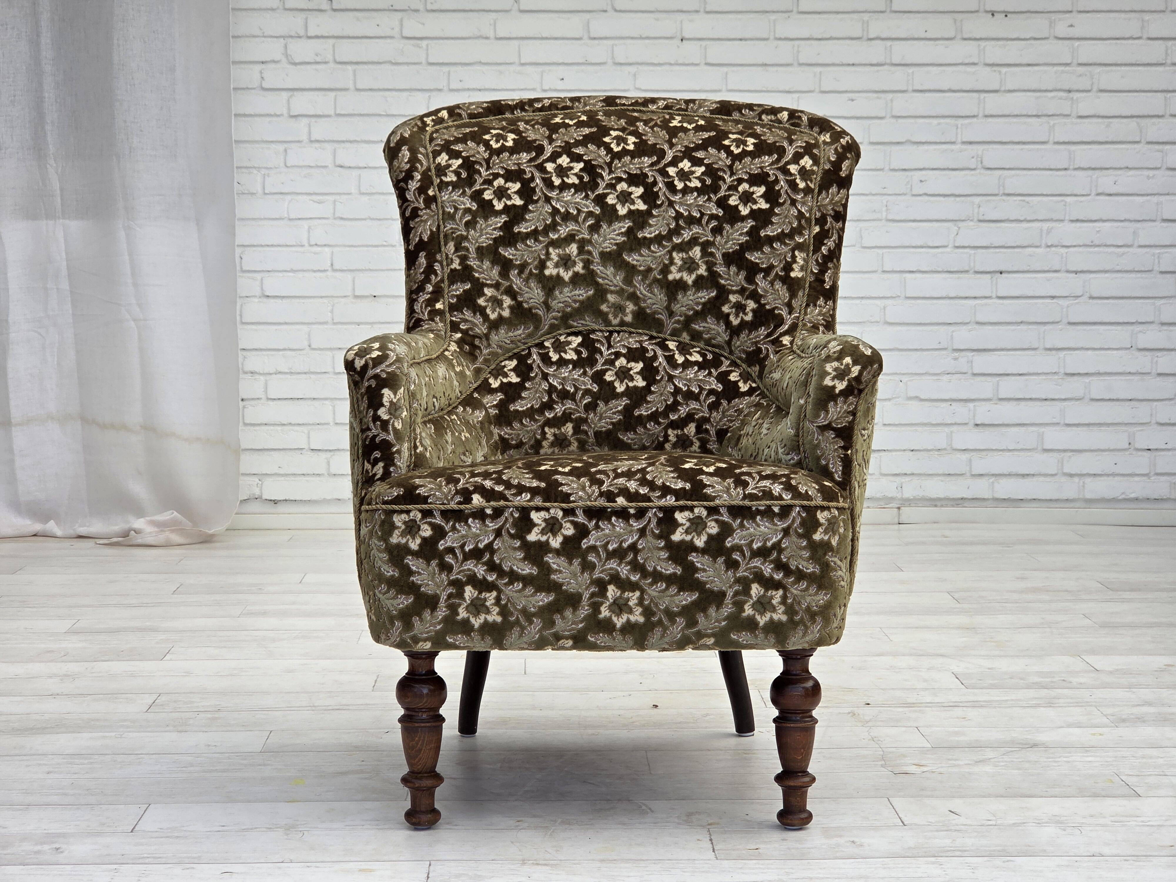 1950s, Danish armchair, green furniture velour, ash wood legs.