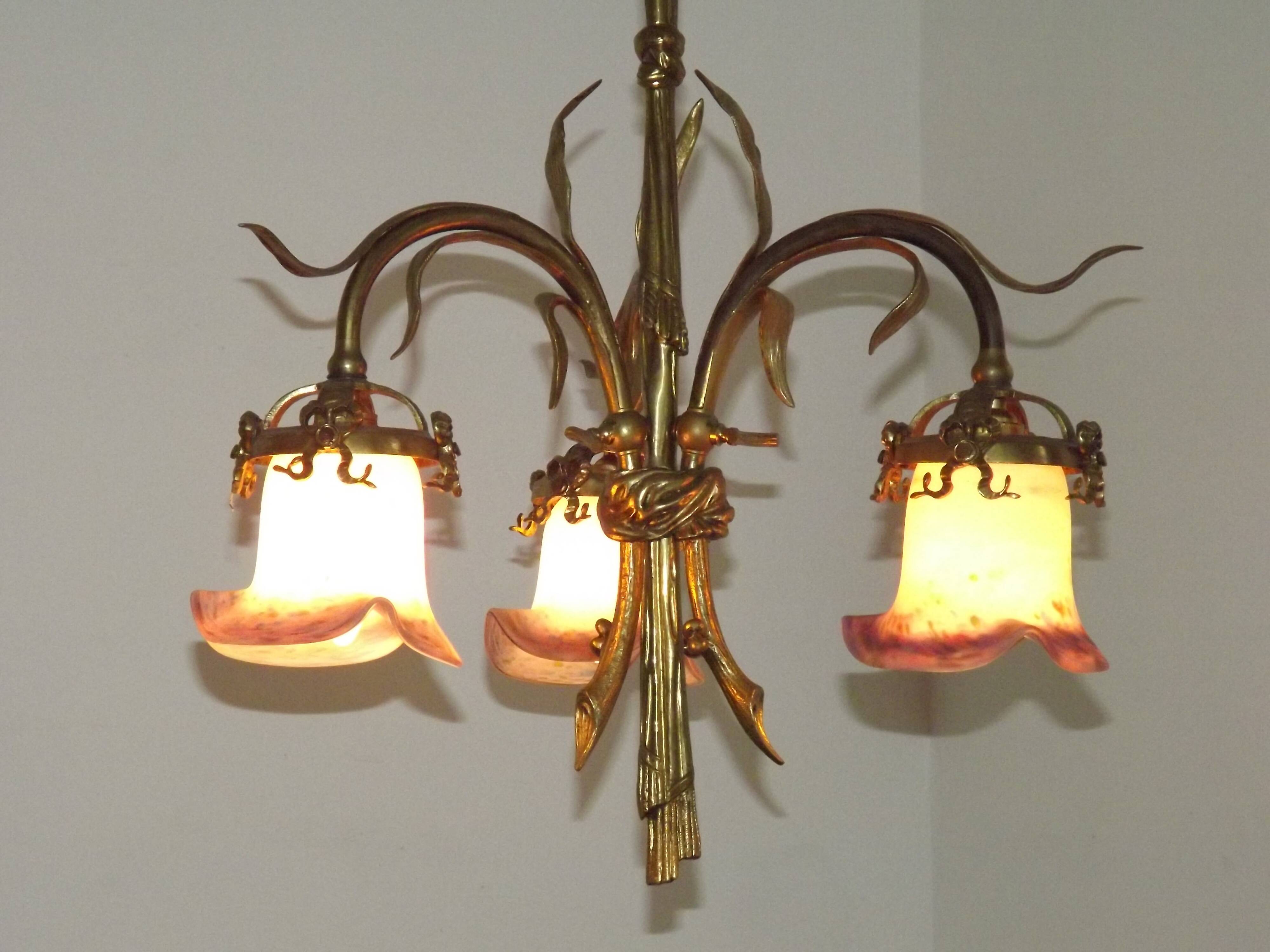 French Antique Late 1800s 3-Light Gilt Bronze Chandelier Art Glass Shades 5089