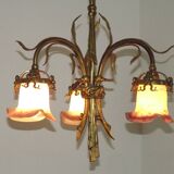 Lustre à 3 lumières en bronze doré, abat-jour en verre d'art 5089