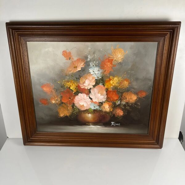 Tableau décoratif vintage représentant une nature morte florale, signé Frederik.