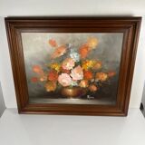 Tableau décoratif vintage représentant une nature morte florale, signé Frederik.