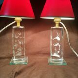 Pair of transparent glass bedside lamp bases - rectangular hologram lamp