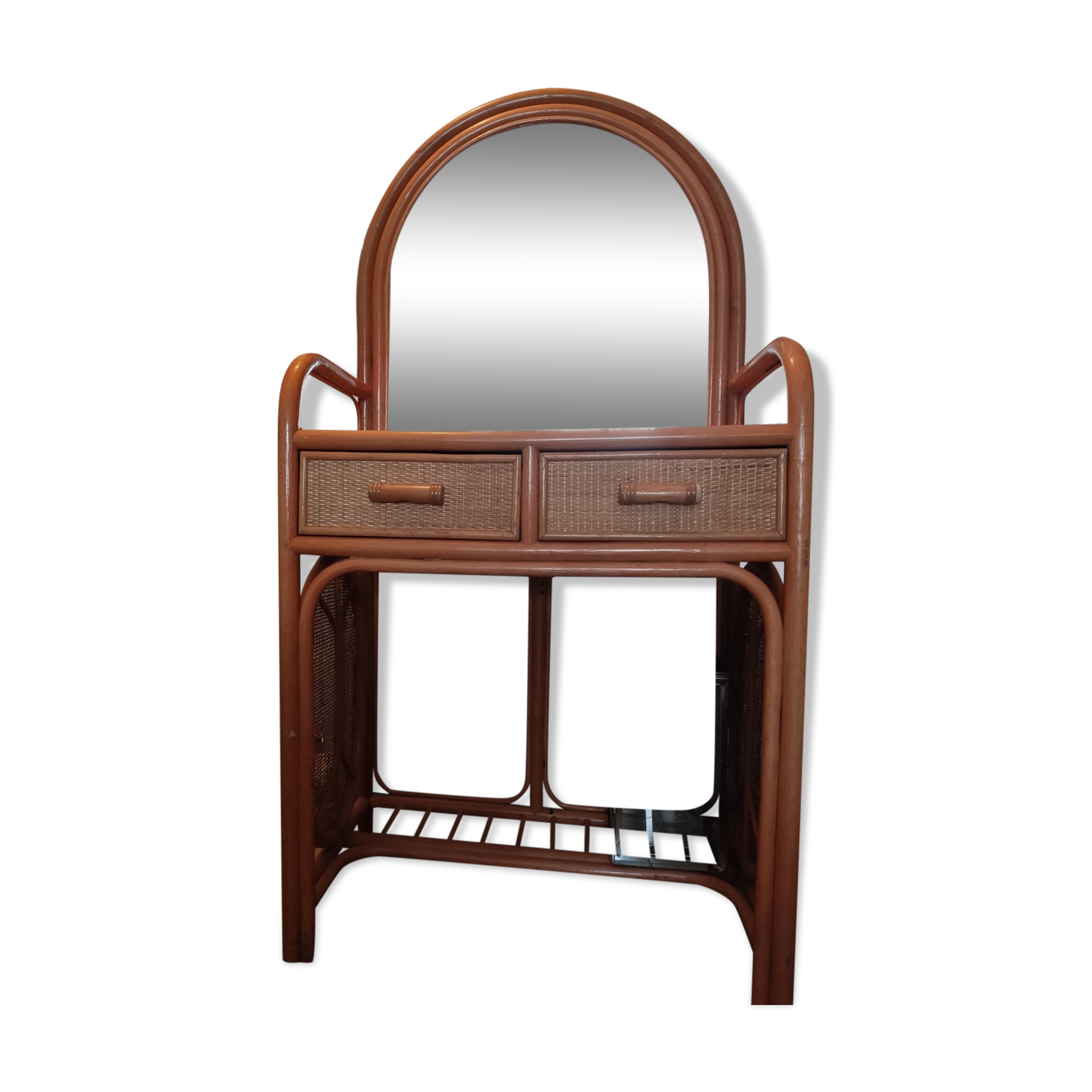 Coiffeuse en rotin vintage avec miroir et tabouret 1970