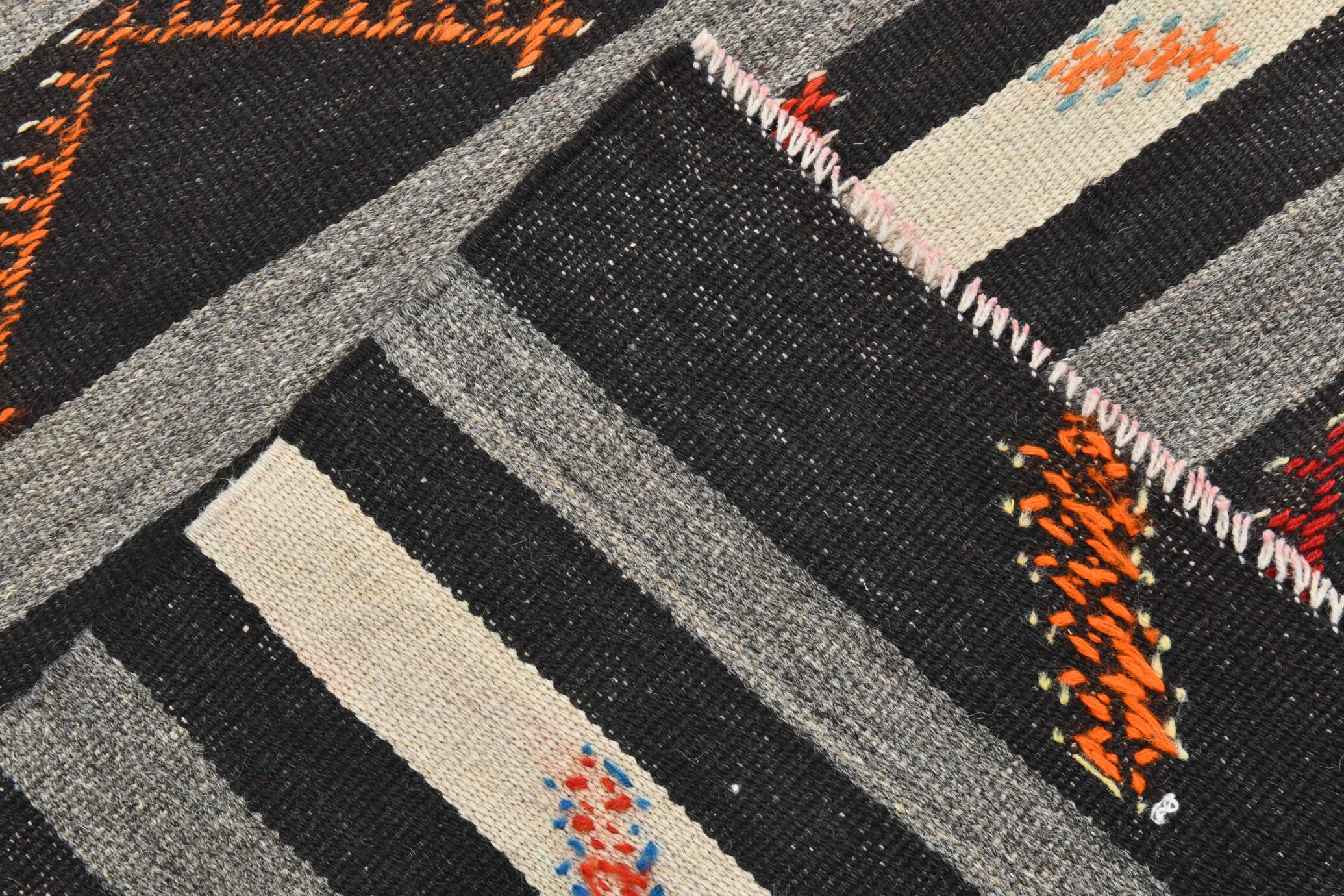 7x10 Black & Cream Large Vintage Kilim Rug, 204x300Cm