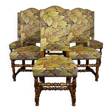 Série de 6 chaises Louis XIII en noyer tourné tissu à feuillages