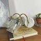 Pair of wall sconces in brass with transparent tulip glass shade.