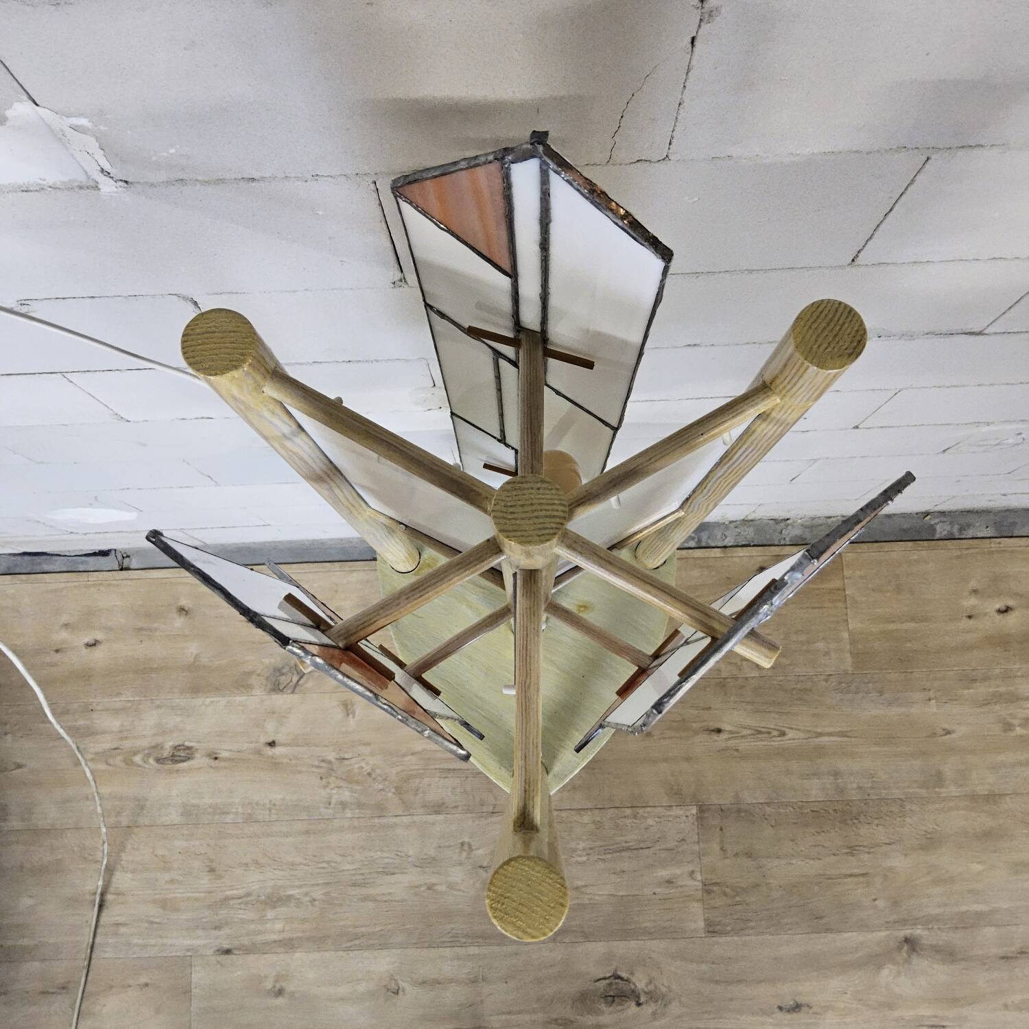 Pine wood floor lamp with handmade stained glass in Japandi style.