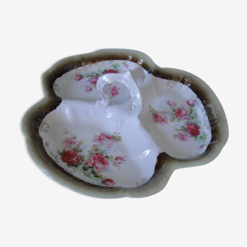 Serviteur mendiant ancien porcelaine  3 compartiments petites roses sur fond blanc