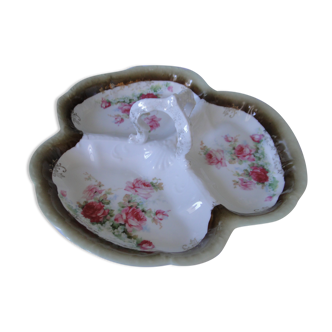 Serviteur mendiant ancien porcelaine  3 compartiments petites roses sur fond blanc
