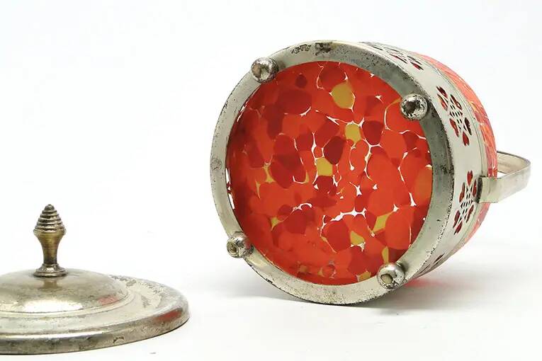 Art Nouveau sugar bowl, silver-plated brass, orange glass, Germany, early 20th century
