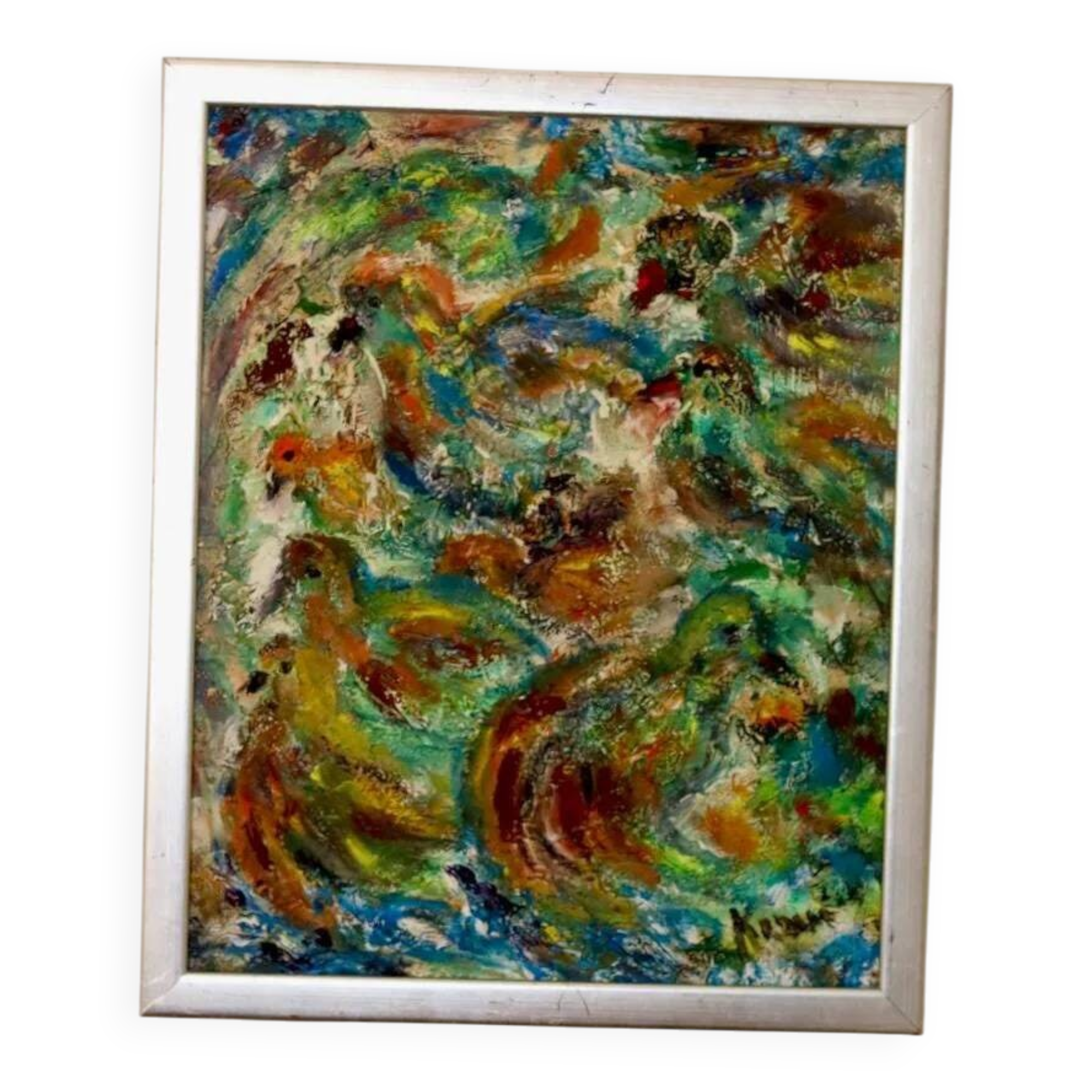 Original Swedish mid-century oil on panel painting "Composition- Birds"