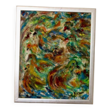 Original Swedish mid-century oil on panel painting "Composition- Birds"