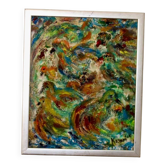 Original Swedish mid-century oil on panel painting "Composition- Birds"