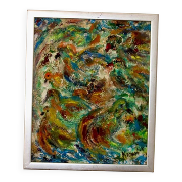 Original Swedish mid-century oil on panel painting "Composition- Birds"