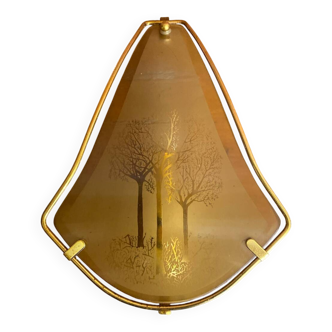 Vintage 1980s Gold Metal and Engraved Glass Wall Sconce #D