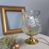 Brass foot table lamp, transparent textured molded globe, art deco style