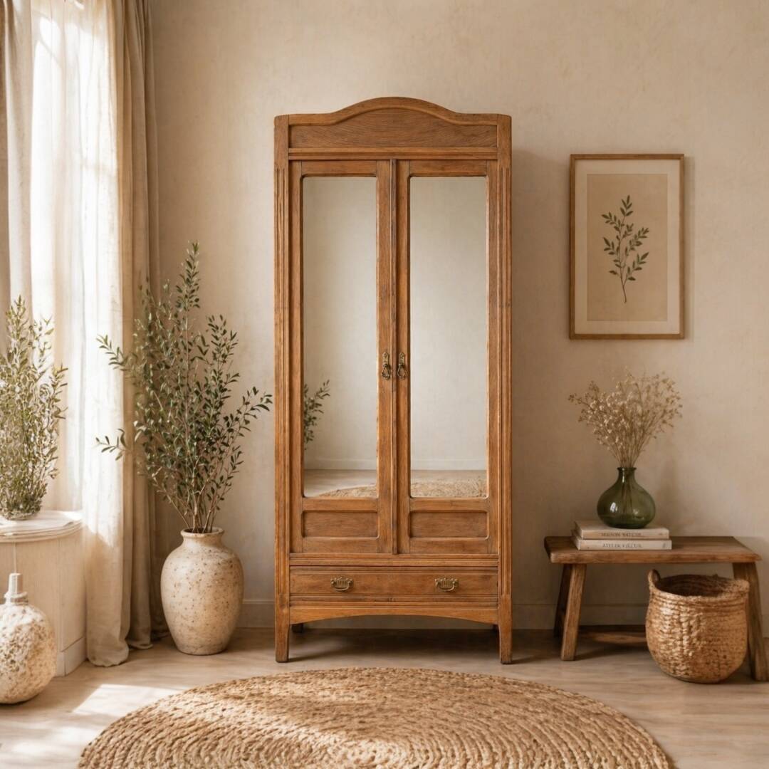 Armoire parisienne d’hôtel miroirs biseauté chêne brut 1920