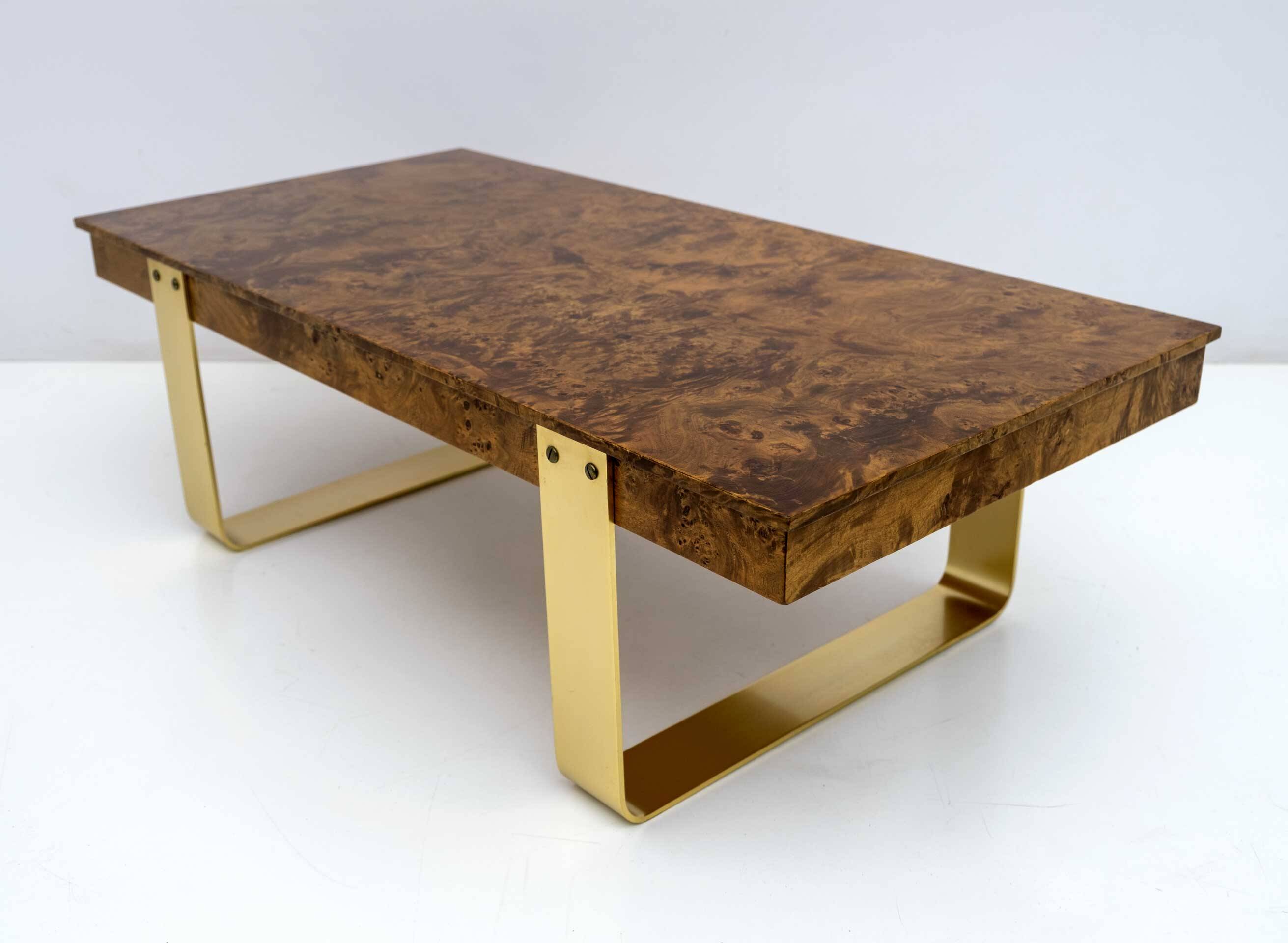 Mid-Century Modern Italian Briar Walnut and Brass Coffee Table, 1970s