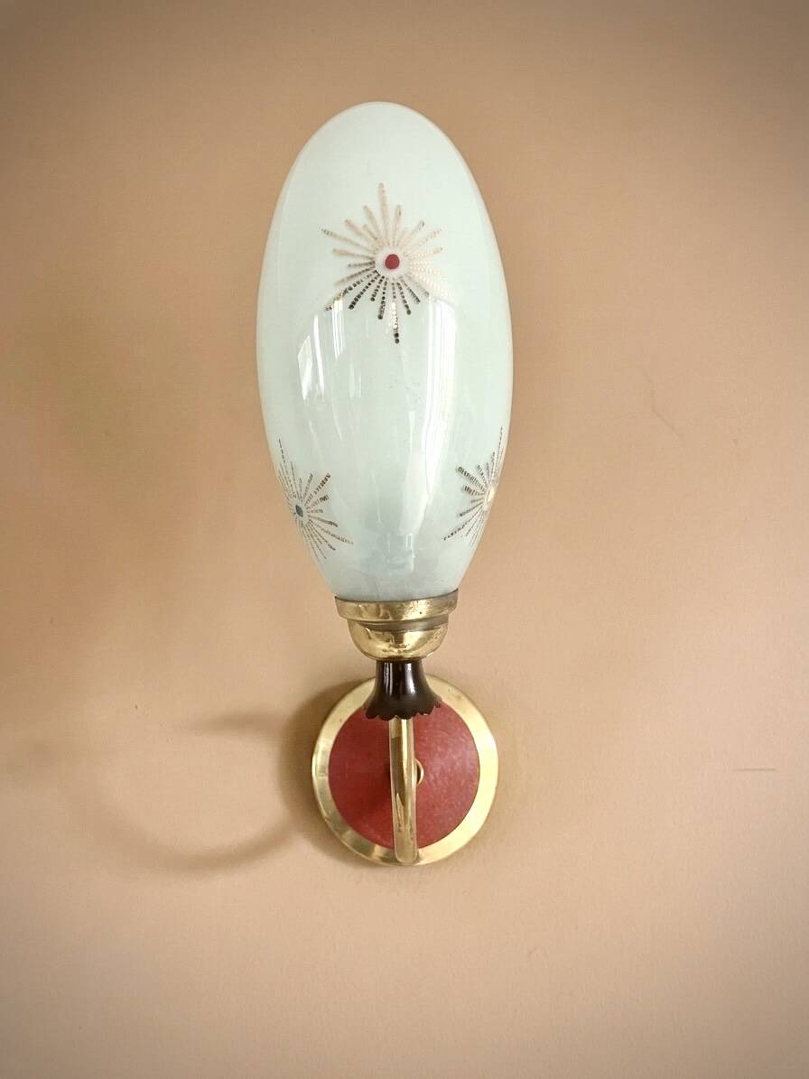 Vintage Mid Century Space Age brass & green opaline wall light Lunel