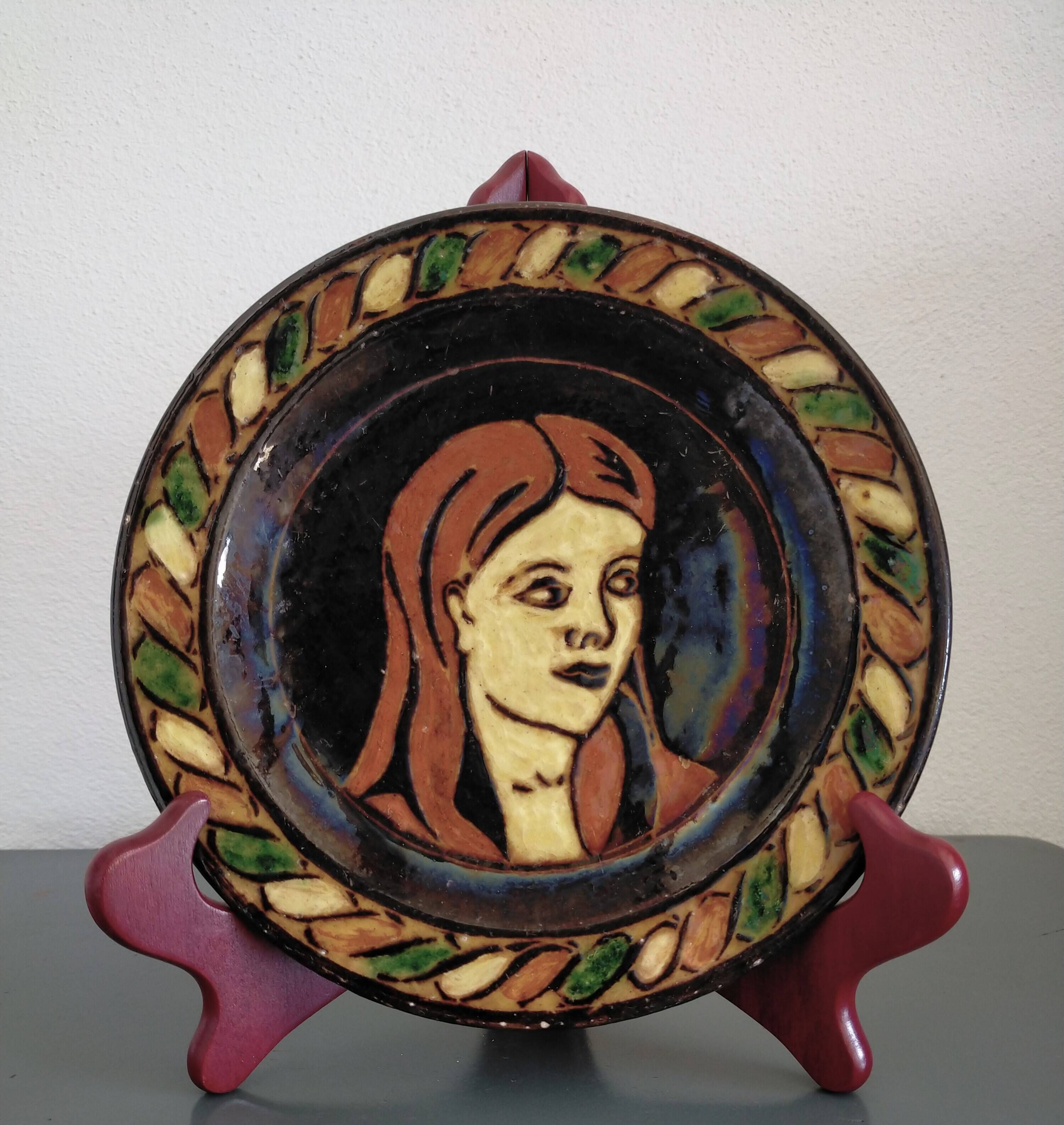 Vintage Dauphiné glazed terracotta dish Portrait of a woman