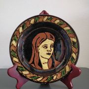 Vintage Dauphiné glazed terracotta dish Portrait of a woman