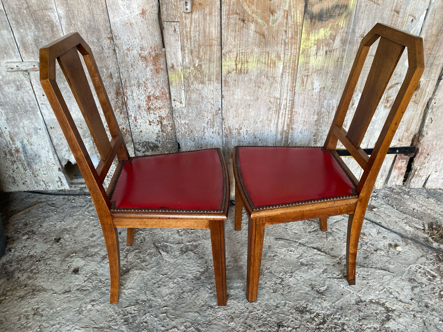 Pair of Vintage Art Deco Wooden Chairs with Red Leather Upholstery #D742