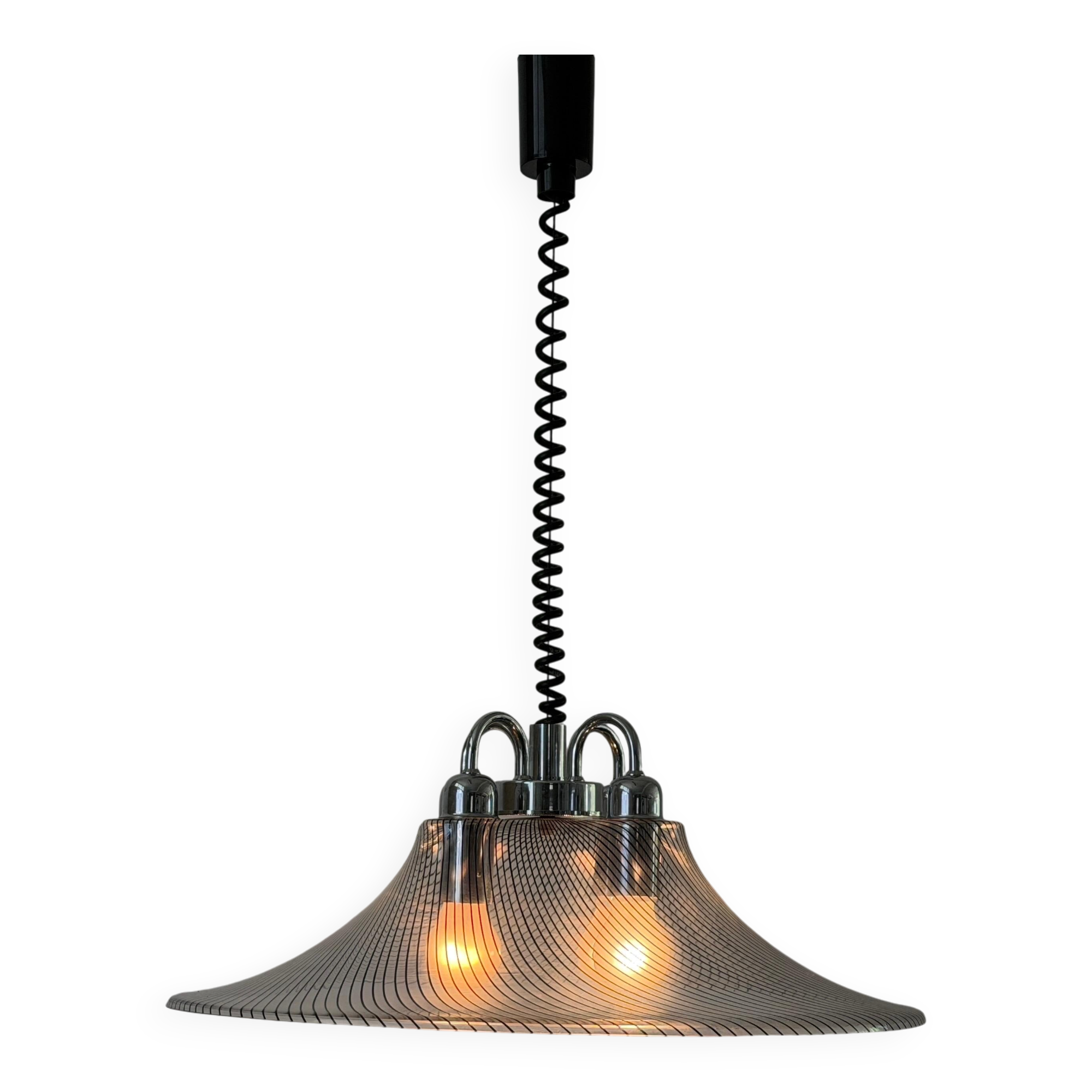 Suspended lamp with 4 sockets, chrome body and plexiglass shade, 1970s, Germany.