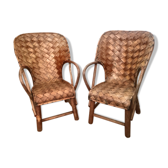 2 former child armchairs braided in chestnut leaves