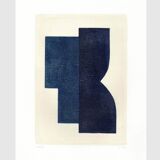 Abstract painting 30x40 geometric illustration dark blue signed Eawy