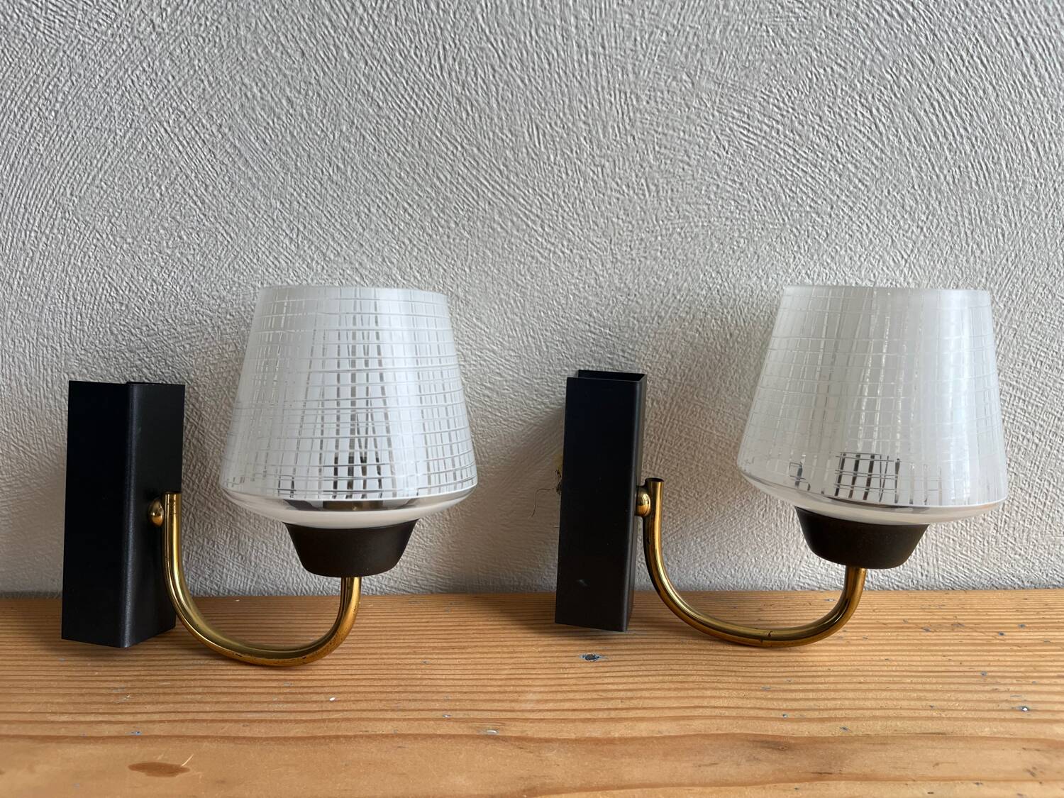 Pair of vintage glass/metal wall lights / circa 1950s 1960s