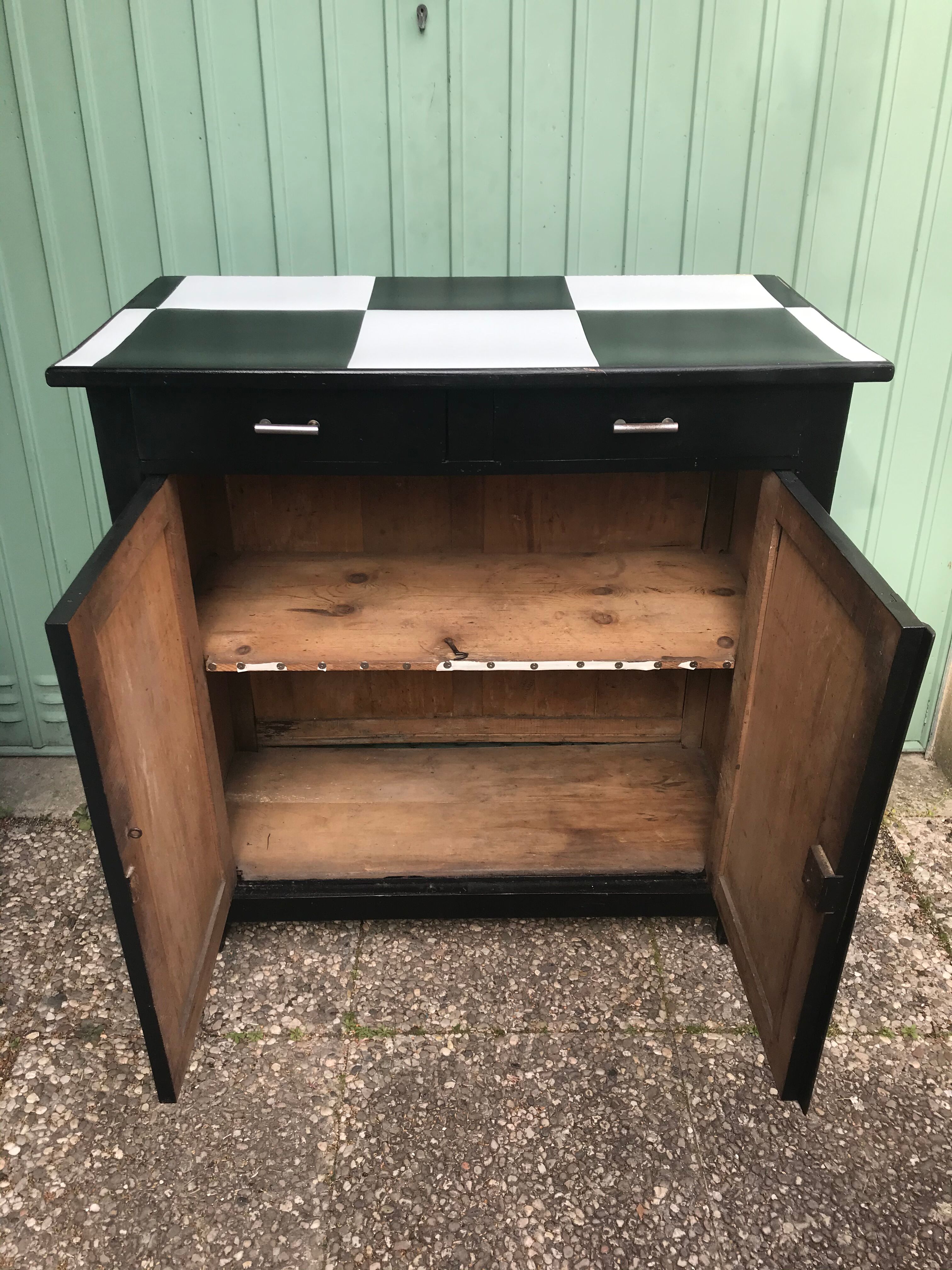Former Parisian Wood Black Buffet - Plateau Damier Noir - White Vintage