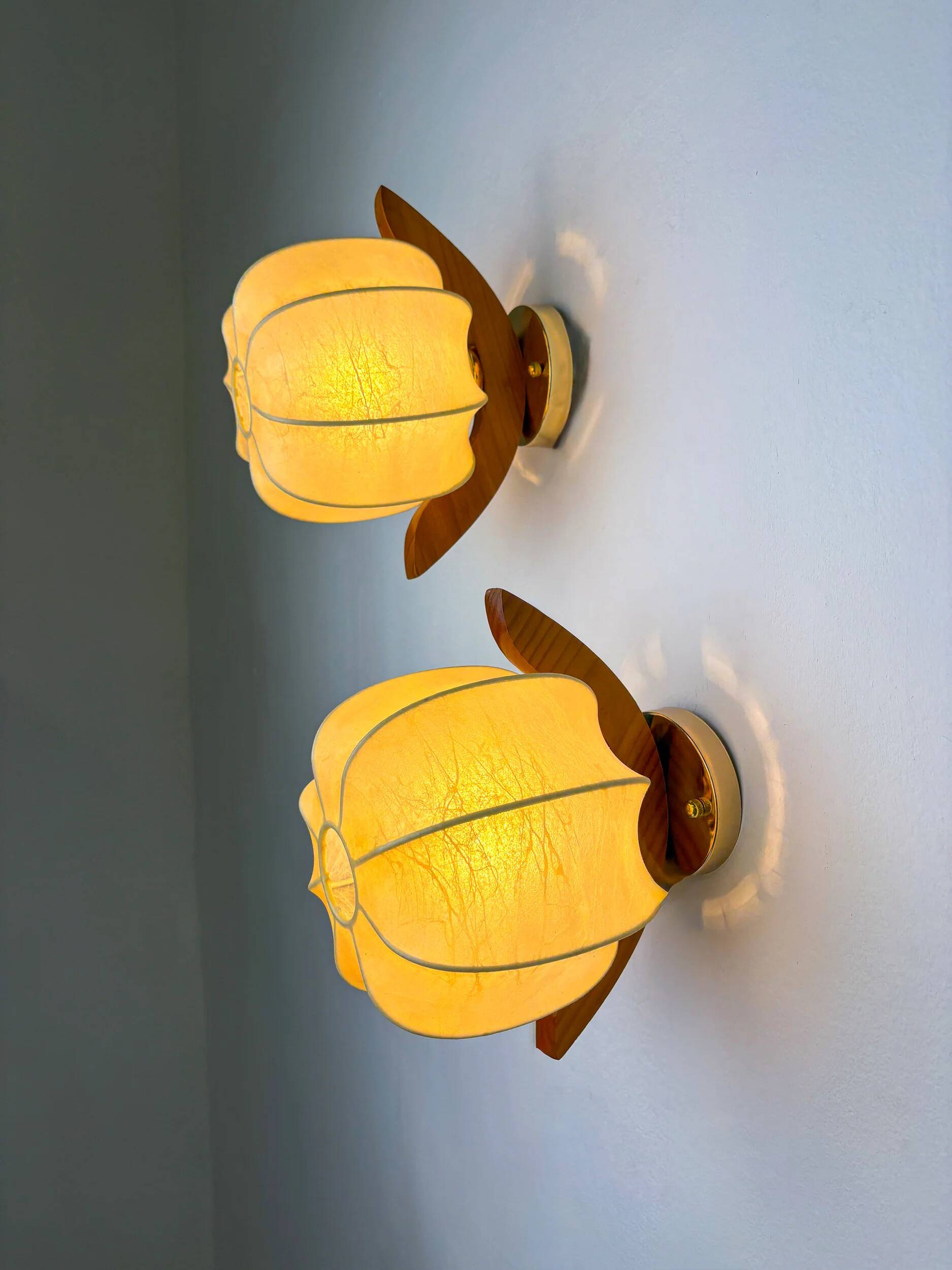 Paire de lampes murales italiennes "Cocoon", en résine et bois de pin, années 1970.