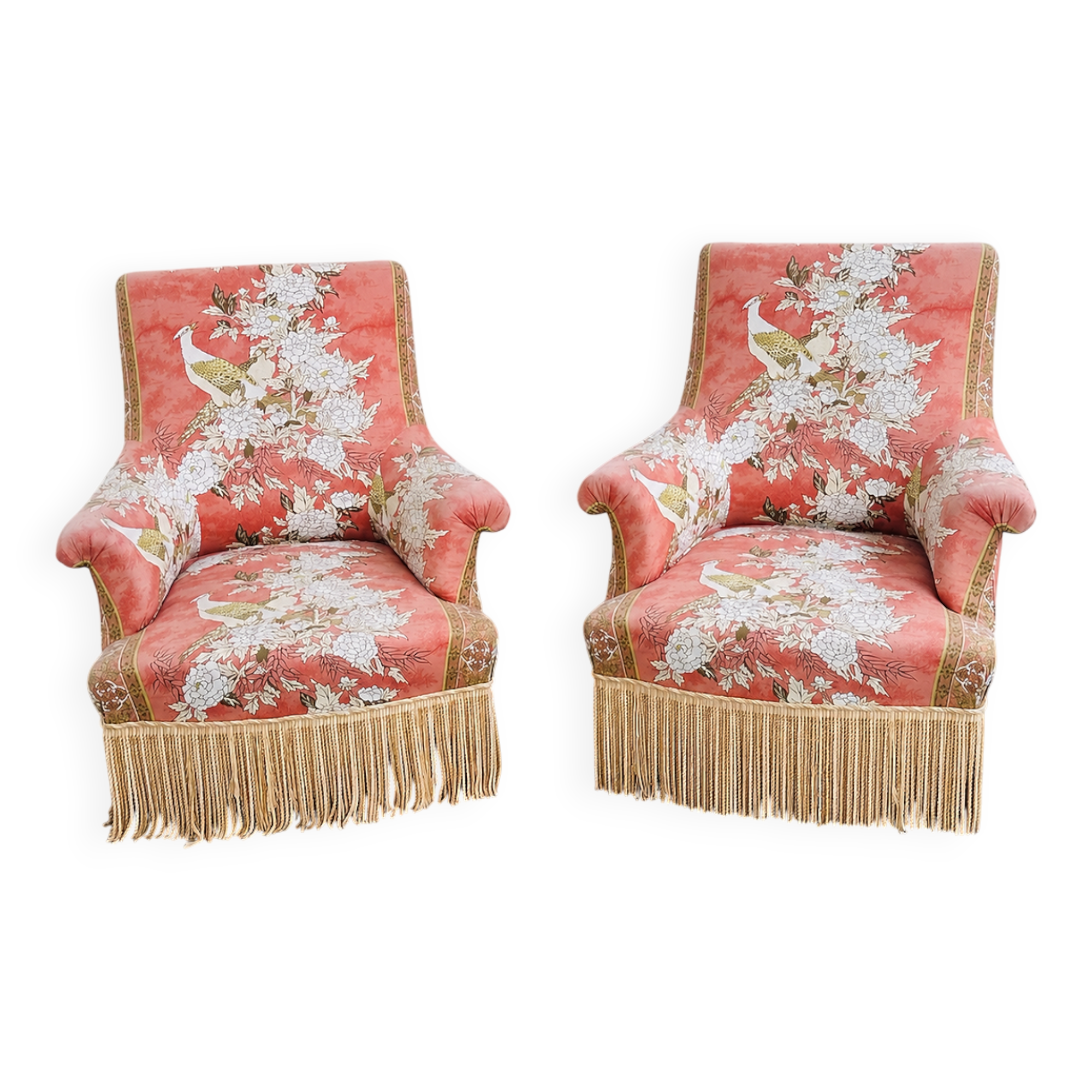 Exquisite pair of upholstered slipper lounge chairs depicting pheasants and peonies