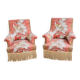 Exquisite pair of upholstered slipper lounge chairs depicting pheasants and peonies