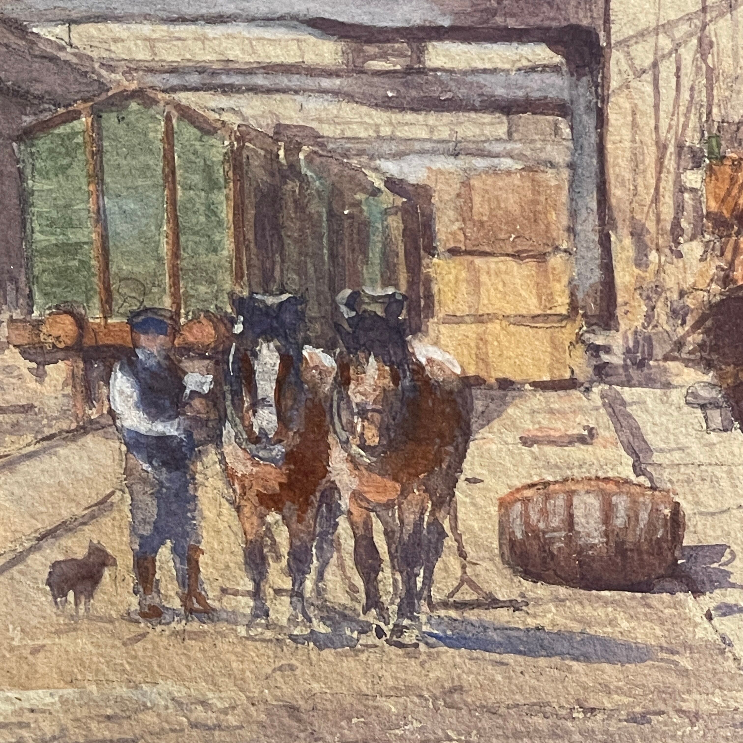 "Quai à Bruxelles" by Emile Lhernault, Tableau Aquarelle Marine, Halage et Chevaux de Trait ca 1910