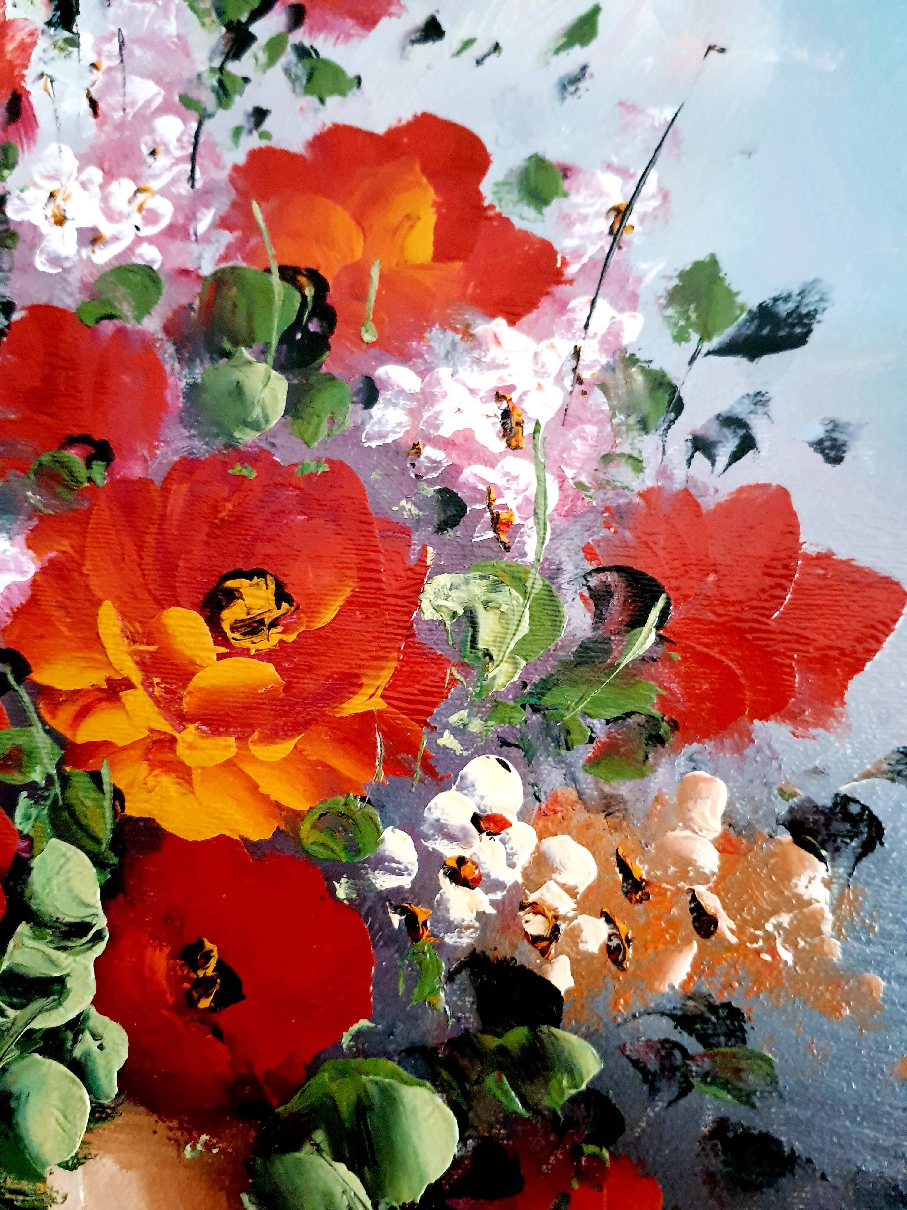 Oil on canvas bouquet of red flowers signed