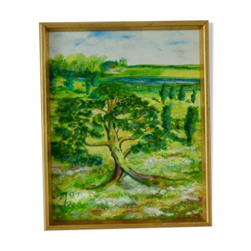 Huile sur panneau vintage originale – « Arbre sur paysage » Jan