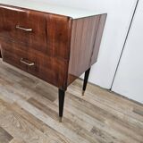 Vintage six-drawer mahogany burl dresser with glass top