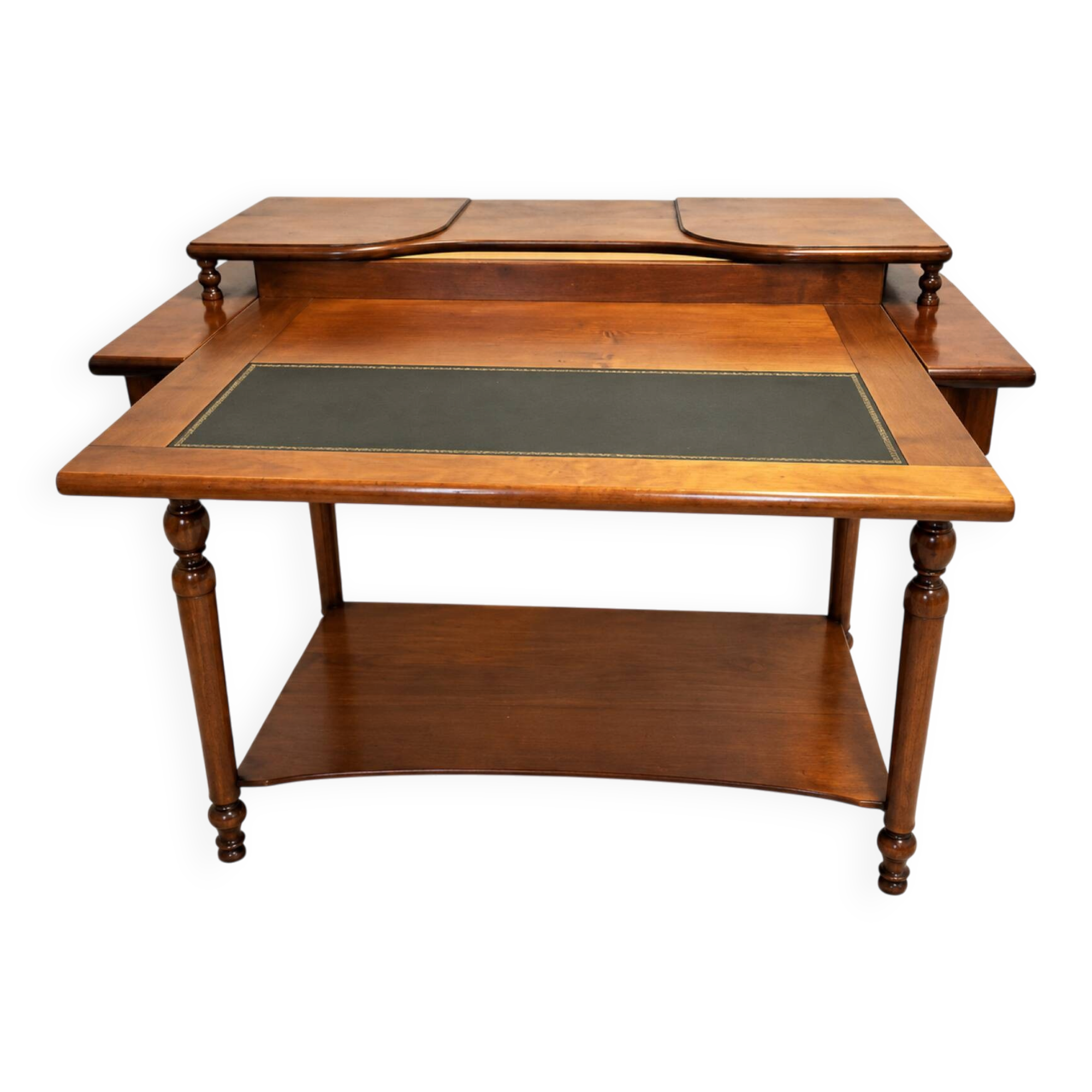 Bureau Directoire en merisier et cuir noir avec étagère