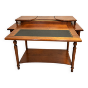 Bureau Directoire en merisier et cuir noir avec étagère