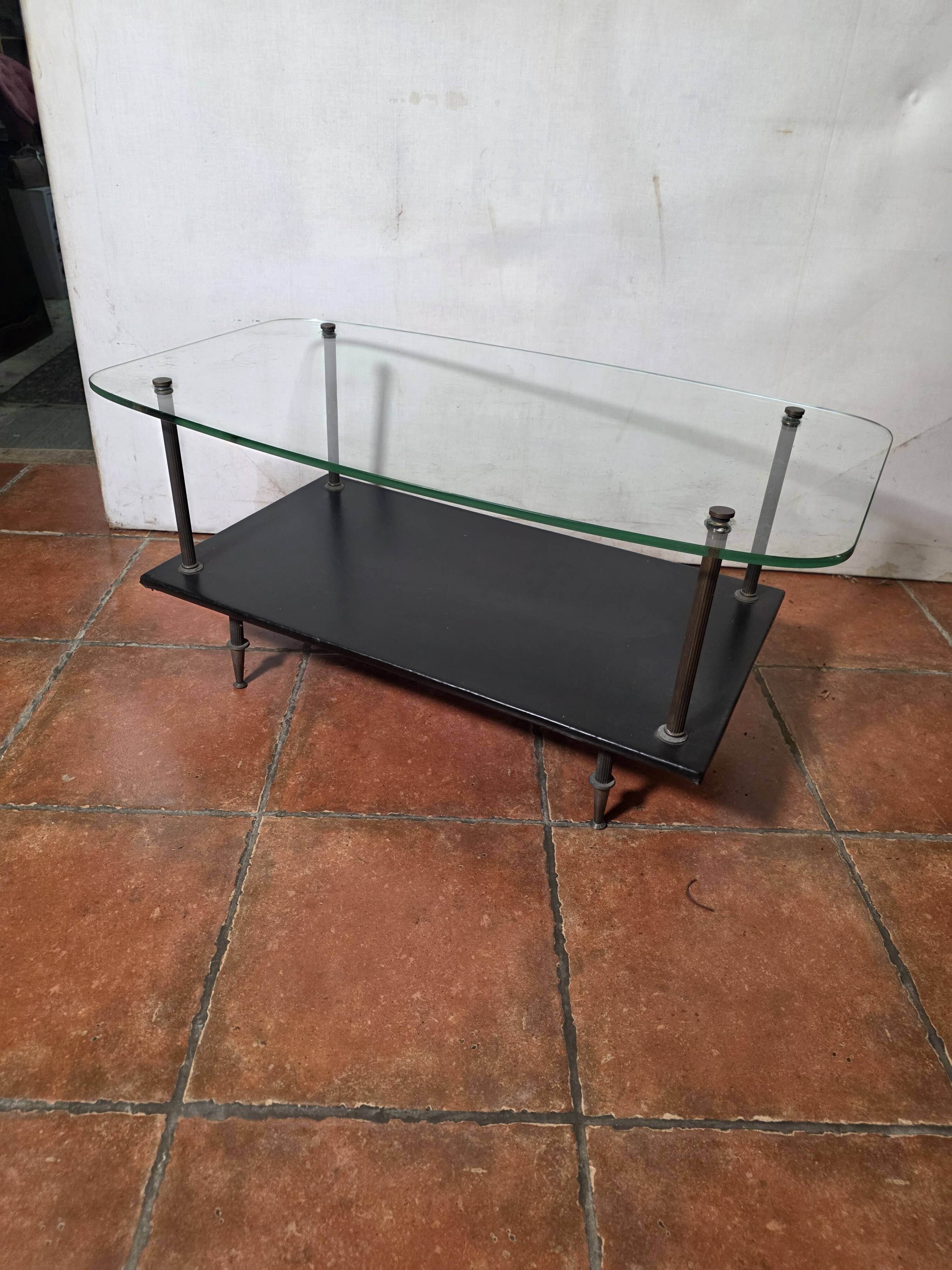 Vintage coffee table from the 1960s, glass, faux leather, brass.