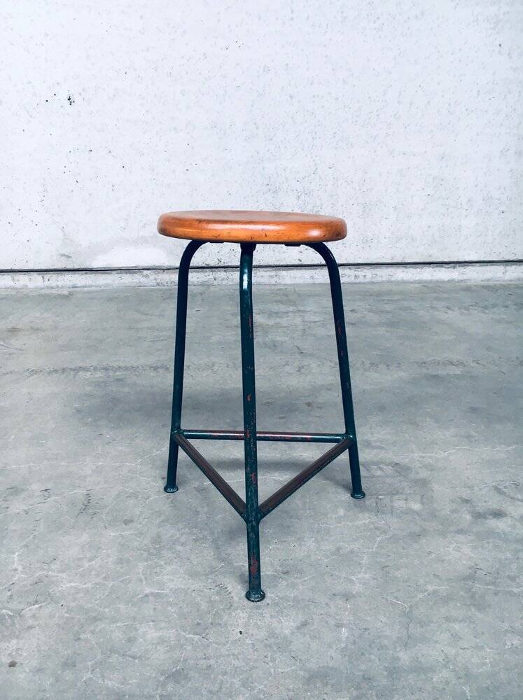 Set of Industrial Green Tripod Stool Set, Belgium, 1950s