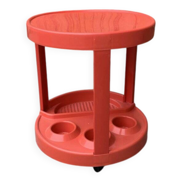 Round red bar cart in injected plastic, Mid-Century Italian style, 1970s.